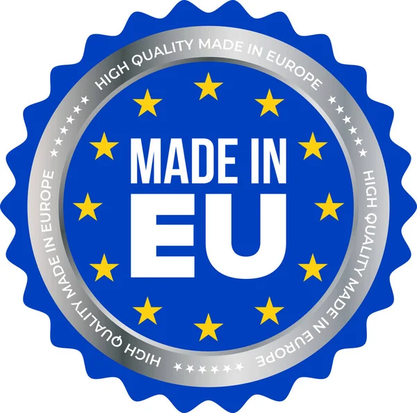 Сделано в ЕС высокое качество продукции сертифицированной этикетки. Вектор изготовлен из звезд Европейского Союза и серебряной марки — стоковый вектор
