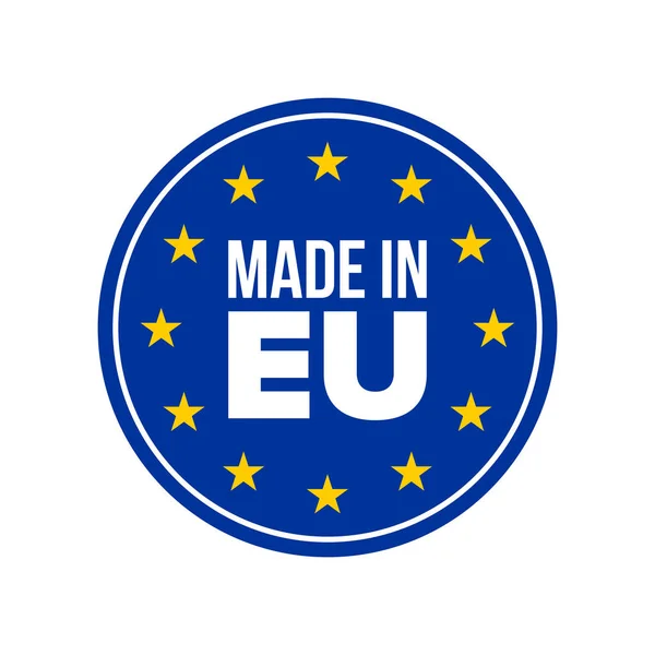 Fabriqué en label de qualité européen. Vecteur fabriqué en Europe, étiquette de certificat de garantie ronde bleue EU stars — Image vectorielle