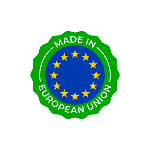 Hecho en la etiqueta de la Unión Europea, certificado de calidad de Europa. Vector círculo de plata e icono de bandera de estrellas de la UE — Vector de stock