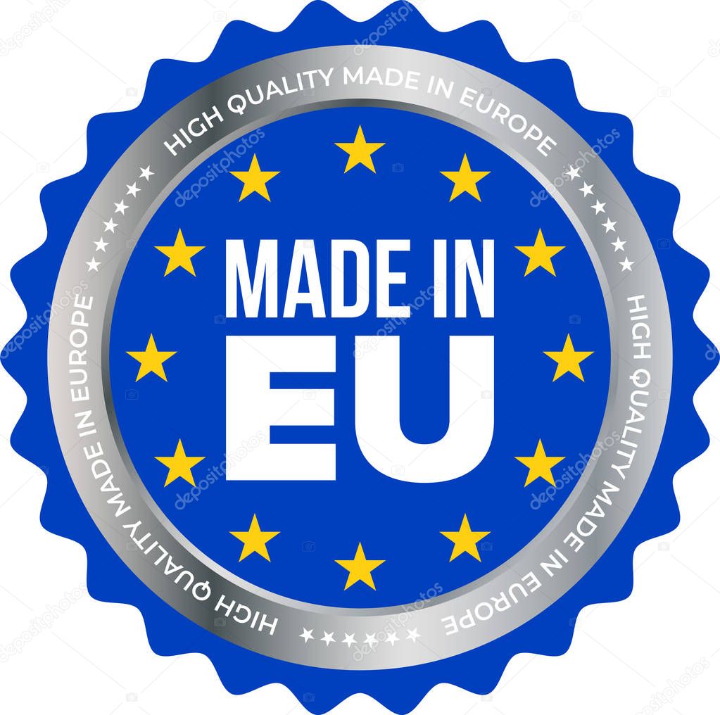 Made in EU high quality product certificate label. Vector made in European Union stars and silver stamp seal