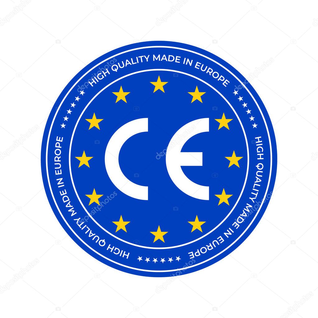 CE marking label or European Conformity certification mark. Vector EU high quality certificate seal and stars