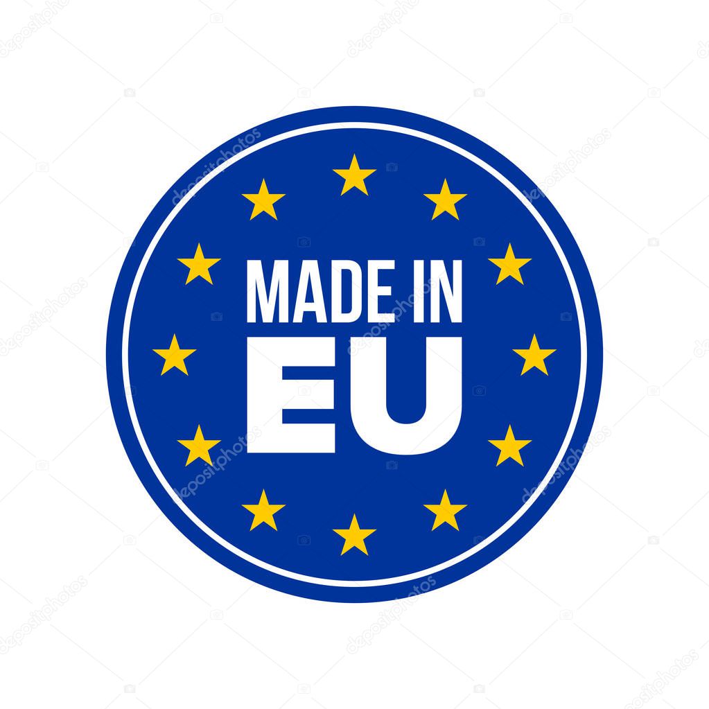 Made in EU quality label. Vector made in Europe seal, EU stars blue round warranty certificate tag