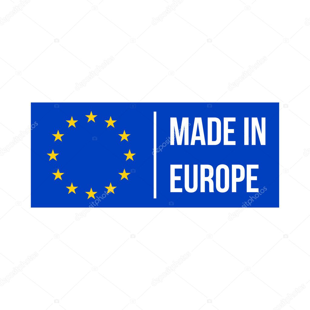 Made in Europe quality product certificate label. Vector made in EU stars blue flag warranty