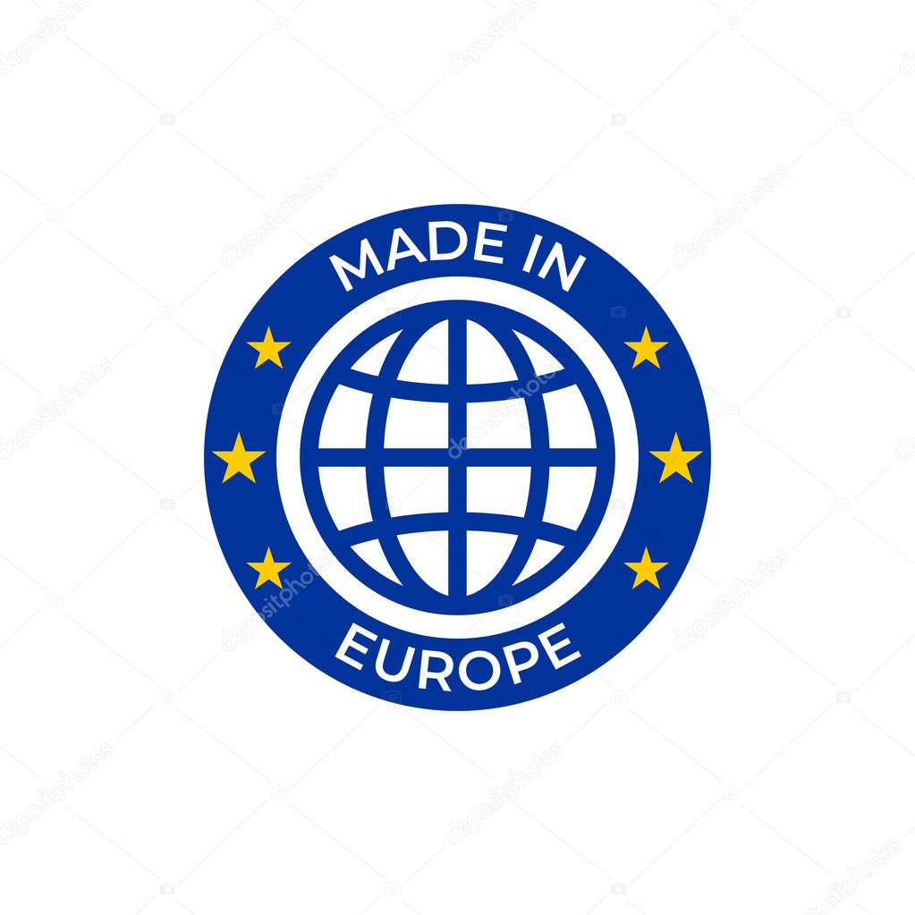 Made in Europe quality label. Vector made in European Union seal tag, EU stars and globe icon