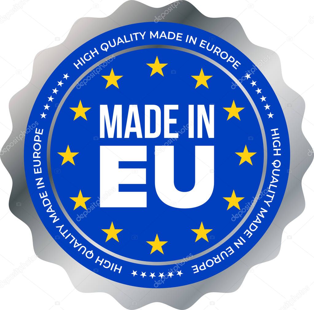 Made in EU high quality mark label. Vector European Union stars and silver stamp