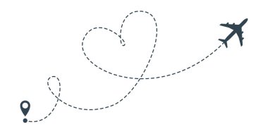 Kalp uçak rota simgesi. Konum pimli vektör uçak kalp uçuş çizgi hattı