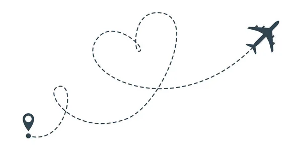 心脏飞机航线图标。矢量飞机心脏飞行破折号线与位置引脚 — 图库矢量图片