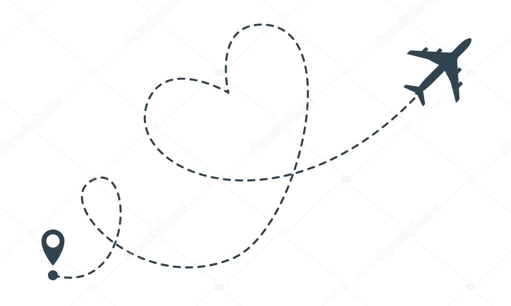 Heart airplane route. Vector airplane heart flight from location pin, travel and delivery icon
