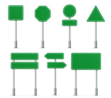 Yol panosu otoban işaretleri simgeleri. Vektör sokak tabela bilgi işaretçisi, sokak yönü yol işaretleri mockup şablonları