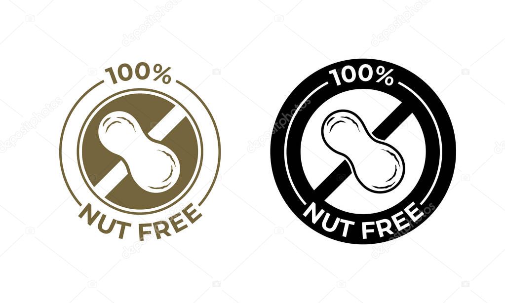 Nut free food vector icon. Food package seal, 100 percent nut free ingredients, peanut allergy information label