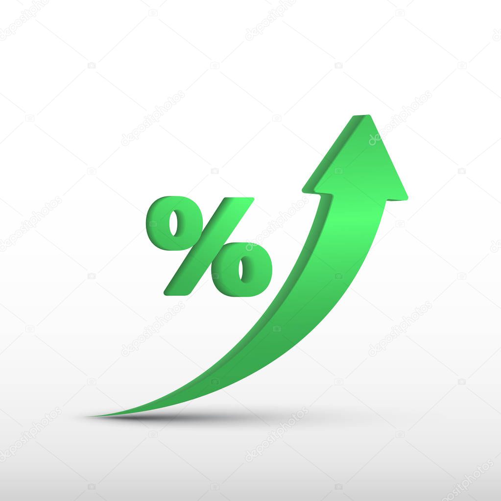 GDP high growth, green arrow up and percent icon. Vector GDP increase, business profit symbol