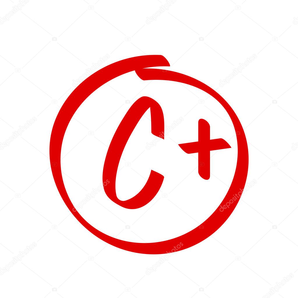 Grade C Plus result vector icon. School red mark handwriting C plus in circle