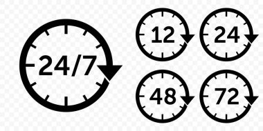 24 7 vektör ok, müşteri desteği, teslimat ve açık simgeler. Vektör 12, 24, 48 ve 72 saat teslimat hizmeti, saat okları