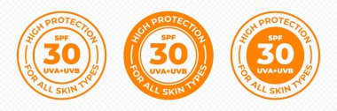 Spf 30 güneş koruması, Uva ve Uvb vektör simgeleri. Spf 30 yüksek Uv koruma cilt losyonu ve krem paket etiketi