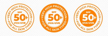 Spf 50 güneş koruması, Uva ve Uvb vektör simgeleri. Spf 50 Plus yüksek güneş kremi, cilt Uv koruma losyonu ve krem paket etiketi