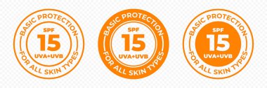Spf 15 güneş koruma Uva ve Uvb vektör simgeleri. Spf 15 temel Uv koruma cilt losyonu ve krem paket etiketi