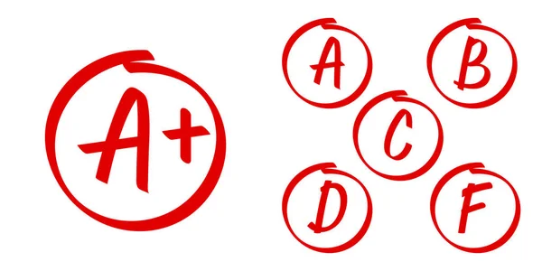 Resultados da escola ícones vetoriais. Letras e marcas de graus mais no círculo vermelho —  Vetores de Stock