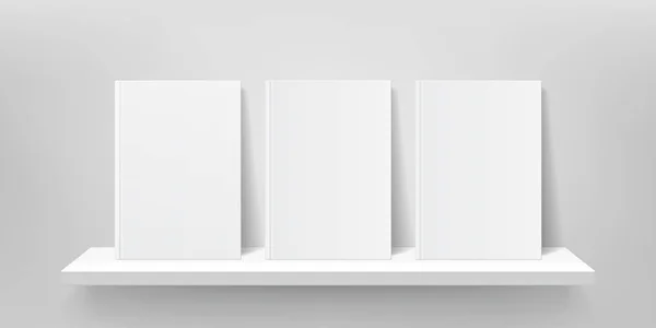 Una maqueta del estante del libro. Vector pared estantería, portadas del libro, estantes de la tienda galería plantilla 3D — Archivo Imágenes Vectoriales
