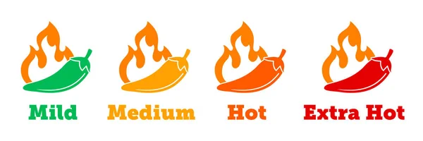 Spicy chili hot pepper vector icons. Spicy Mexican fast food menu or package level labels, mild, medium and extra hot red pepper fire flame — Stock Vector