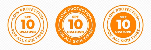 SPF 10 ícones do vetor da proteção solar UVA e UVB. SPF 10 baixo UV proteção pele loção e creme pacote rótulo — Vetor de Stock