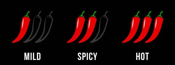 Pittige Chili hete peper, milde en extra Hot level labels. Vector Aziatische pittige voedsel en Mexicaanse saus Chili peper overzicht pictogrammen — Stockvector