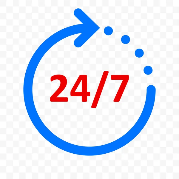 24 7 ikona se šipkou, zákaznická podpora, dodávka a 24 hodin, 7 dní v týdnu otevřený symbol. Symbol modré kulaté hodiny s modrou šipkou — Stockový vektor
