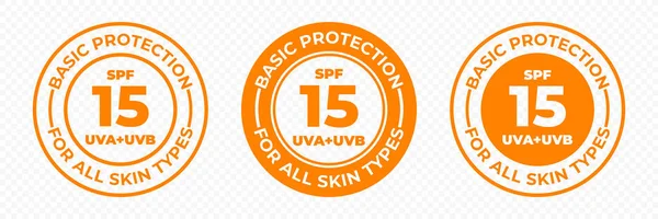 SPF 15 ícones do vetor da proteção solar UVA e UVB. SPF 15 proteção UV básica loção da pele e etiqueta pacote de creme — Vetor de Stock