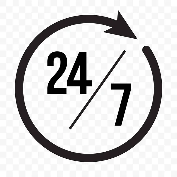 24 7 óra nyíl ikon, ügyfél támogat, felszabadítás és nyit jelkép. Vektor 24 7 kerek óra nyílt szupermarket vagy üzlet jele — Stock Vector