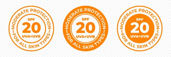 SPF 20 ícones de proteção solar, UVA e UVB vetor. SPF 20 moderada médio UV proteção pele loção e creme pacote rótulo —  Vetores de Stock