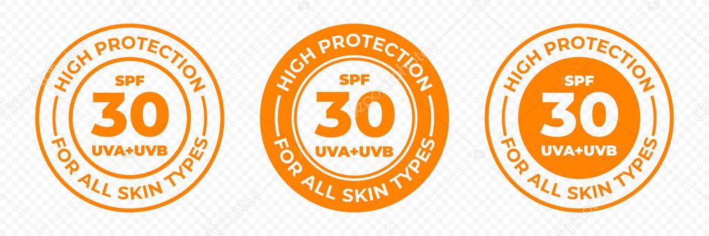 SPF 30 sun protection, UVA and UVB vector icons. SPF 30 high UV protection skin lotion and cream package label