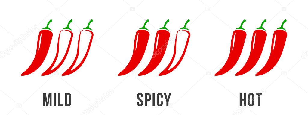 Spicy chili pepper level labels. Vector spicy food mild and extra hot sauce, chili pepper red outline icons