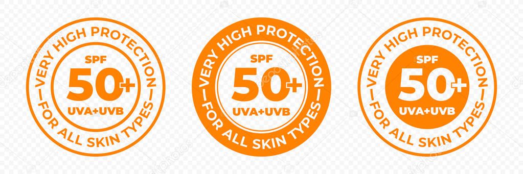 SPF 50 sun protection, UVA and UVB vector icons. SPF 50 PLUS high sunblock, skin UV protection lotion and cream package label