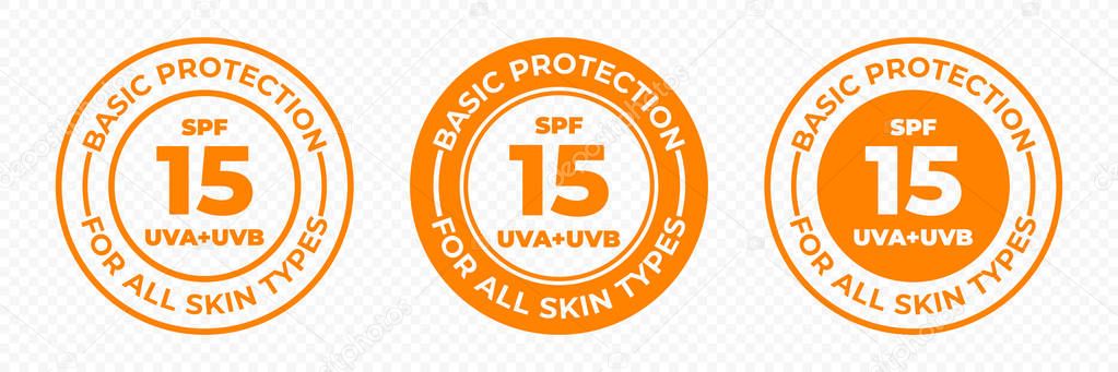 SPF 15 sun protection UVA and UVB vector icons. SPF 15 basic UV protection skin lotion and cream package label