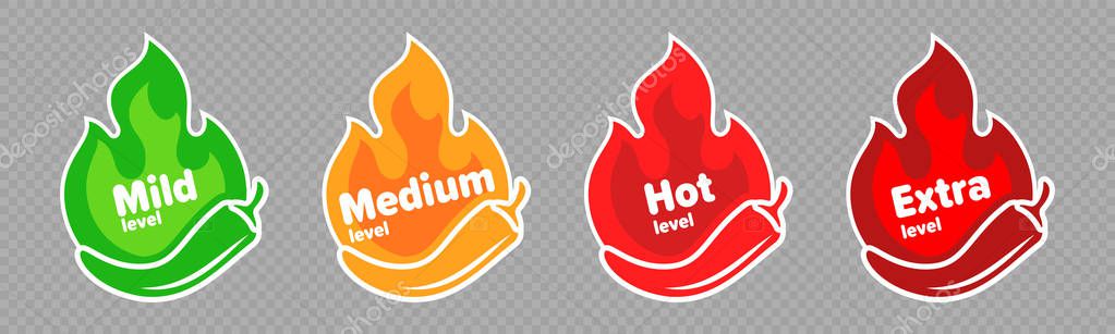 Spicy chili pepper hot fire flame icons. Vector spicy food level icons, mild, medium and extra hot pepper sauce fire flame