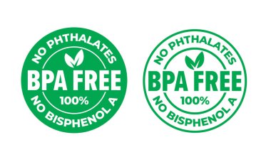 Bpa ücretsiz vektör sertifikası simgesi. Ftalat ve bisfenol, güvenli gıda paketi damgası, onay işareti ve yeşil yaprak yok