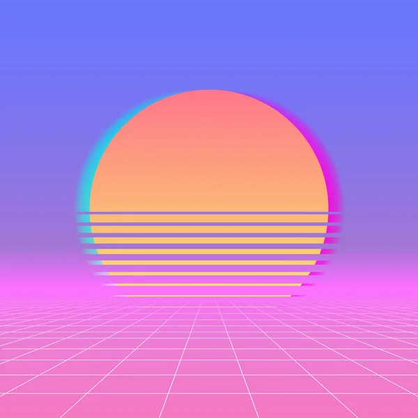 Zon Neon Retro 80s achtergrond. Vector Neon zonsondergang, futuristische zon ruimte — Stockvector