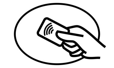 Temassız ödeme kredi kartı ve el dokunun vektör logosu. Nfc temassız ödeme dalgası ve ödeme pass Pos terminal hattı simgesi