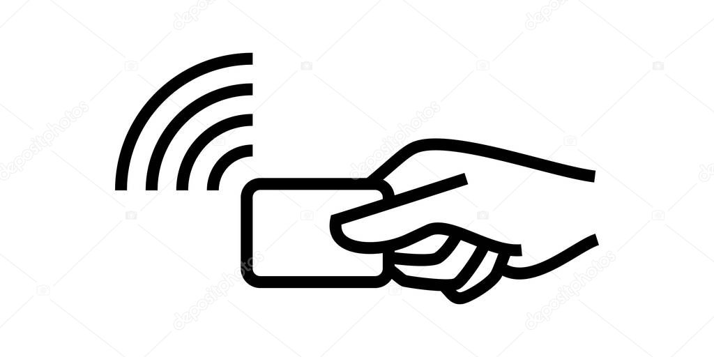 Contactless payment, credit card and hand pay pass logo. Vector wireless NFC and contactless pay wave POS terminal icon