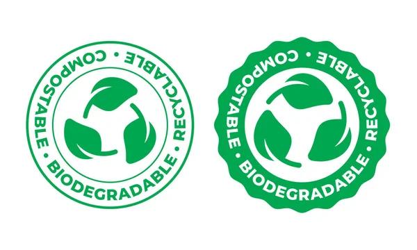 Icona vettoriale biodegradabile, compostabile e riciclabile. Pacchetto ecologico riciclabile bio logo timbro foglia verde — Vettoriale Stock