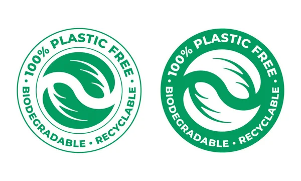 Ícone de vetor reciclável biodegradável, sem plástico. 100 por cento bioreciclável pacote selo verde logotipo —  Vetores de Stock