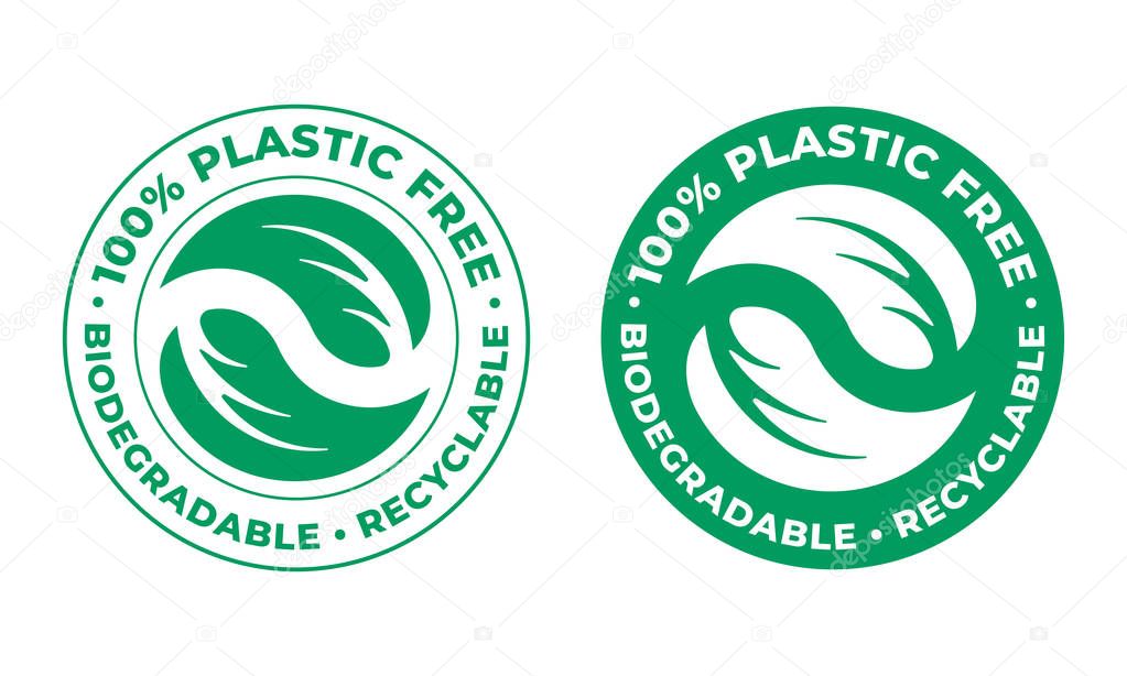 Biodegradable, plastic free recyclable vector icon. 100 percent bio recyclable package green stamp logo