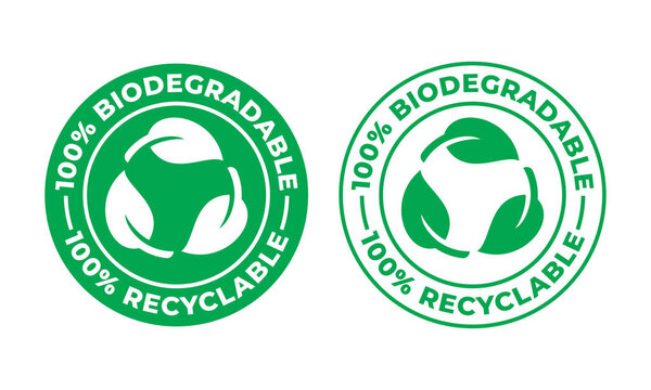 Biodegradable recyclable vector icon. 100 percent bio recyclable and degradable package packet logo