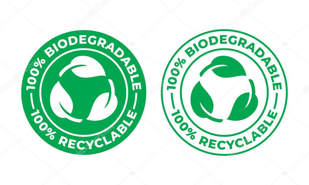 Biodegradable recyclable vector icon. 100 percent bio recyclable and degradable package packet logo
