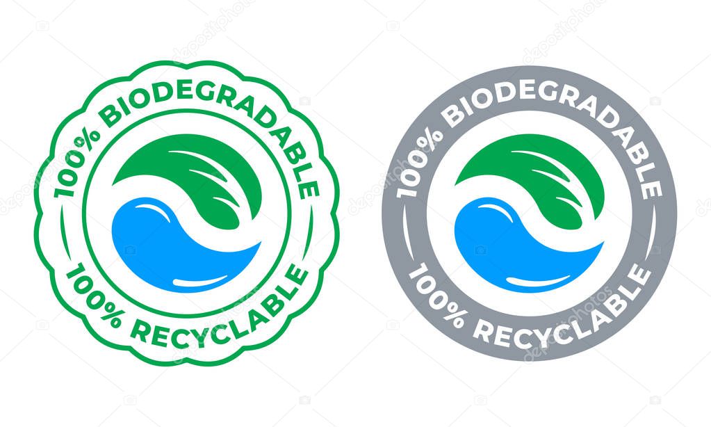 Biodegradable recyclable 100 percent label vector icon. Eco save bio recyclable and degradable packaging green stamp logo