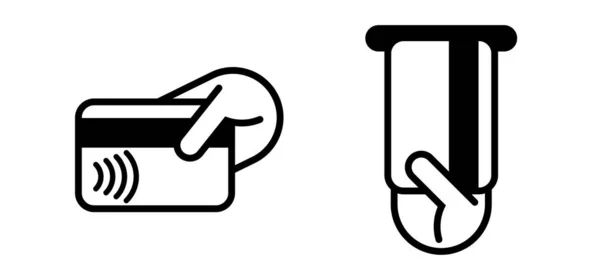 Tarjeta de crédito de pago sin contacto, logotipo de vector de tarjeta de inserción de cajero automático. NFC onda de pago sin contacto y pase de pago icono de terminal POS — Vector de stock