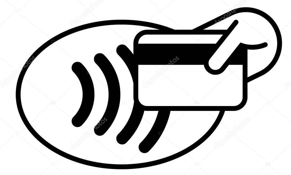 Contactless payment credit card and hand tap vector logo. NFC contactless pay wave, pay pass ATM POS terminal icon