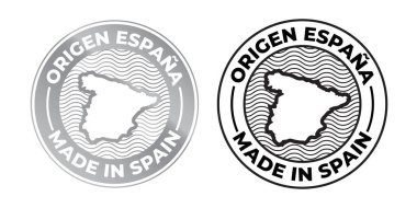 Made in Spain, Origen Espana logo, product label map stamp. Vector Spanish made 100 percent premium quality production package icon clipart