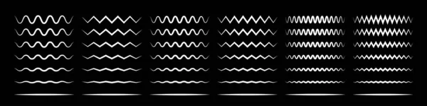 Zigzag padrões de linha de onda, extremidade lisa linhas brancas horizontais squiggly. Vetor curvilíneo sublinha no fundo preto — Vetor de Stock
