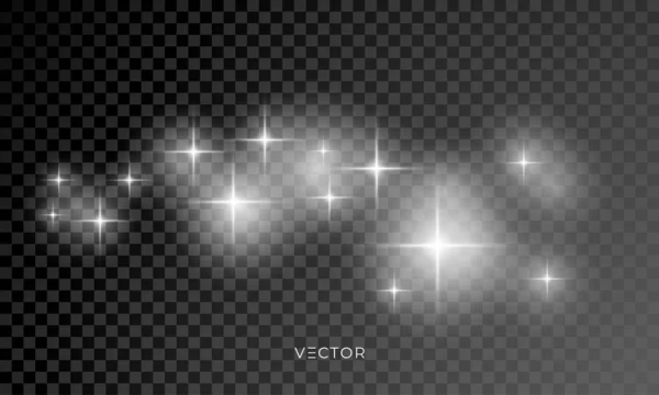 Étoile brillante, étincelles scintillantes et effet éclat de lentille. Vecteur étoile de Noël rayons brillants, rayons de soleil blanc sur fond transparent — Image vectorielle