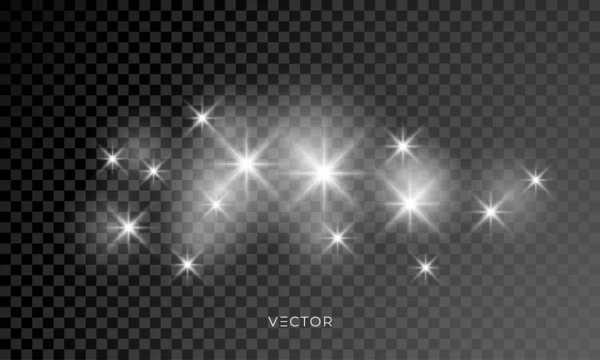 Glowing star lights effect, explosion and stars lens flare. Special sunlight rays effect isolated on transparent background — Stock Vector